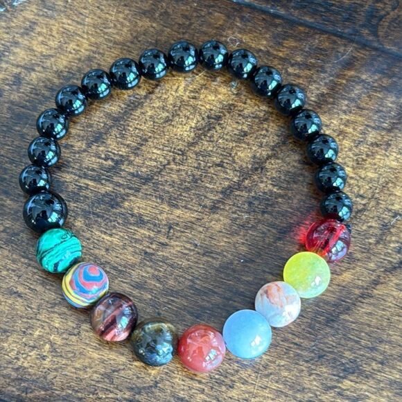 Colorful Chakra Energy Bead Bracelet, Stretch Design, Black Gloss & Gemstone Mix - Picture 1 of 10